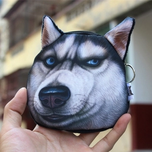 Plush husky doge head coin purse with zipper and metal keychain for dog lovers
