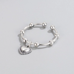 925 Sterling Silver open ring with beads and a vintage heart-shaped mirror pendant
