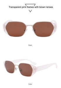 Macro view showing the front and side details of pink frames with brown lenses