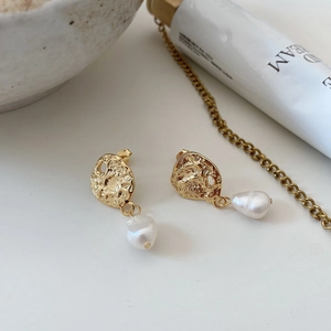 French vintage baroque pearl earrings with irregular textured gold plated silver studs