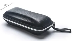 Detail of black lychee leather glasses case featuring a metal zipper and 60mm width