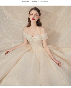 Close-up of champagne off-the-shoulder wedding dress with sparkling sequins and lace detail