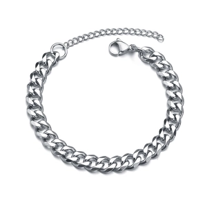 Polished silver stainless steel Cuban link bracelet with lobster clasp on white background