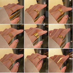 Vintage Adjustable Open Rings Titanium Steel 18K Gold Plated Geometric Minimalist Ins Style Finger Jewelry For Women