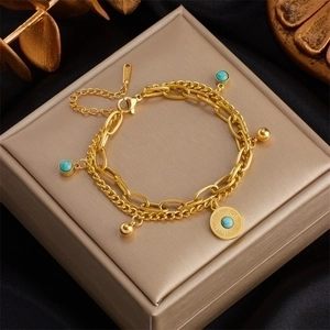 Vintage Double Layer Stainless Steel Gold Plated Bracelet For Women With Artificial Turquoise Round Pendant Chain Bracelet Jewelry