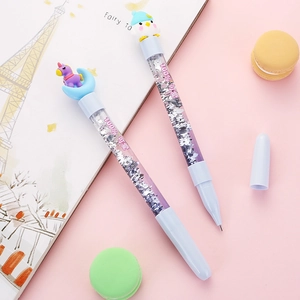 Creative cartoon glitter liquid quicksand gel pens with cute unicorn and bird toppers
