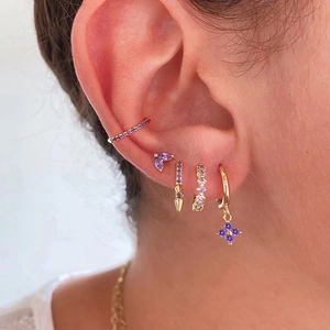 Elegant gold clover earrings set with purple zircon crystals for women fashion