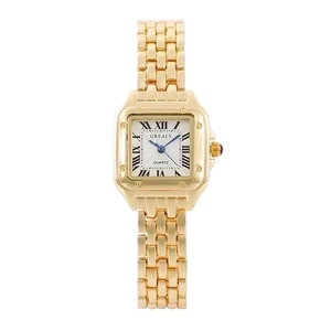 Women's gold quartz watch with Roman numerals, screw bezel, and link bracelet