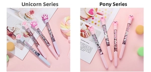 Detailed close-up of cute cartoon glitter pens with liquid sequins and unicorn cat paw caps