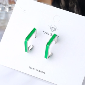 Minimalist square C-shaped green enamel stud earrings in polished silver finish