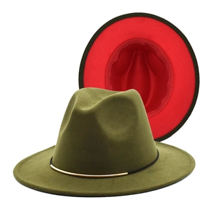 Detail view of two-tone wool fedora hat in olive green and red with gold buckle band