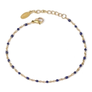 Close-up of golden stainless steel chain featuring evenly spaced dark blue decorative beads