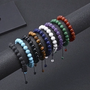 Natural Stone Beaded Bracelet Handmade Gemstone Adjustable Woven Cord Lava Tiger Eye Amethyst Rose Quartz Unisex Jewelry