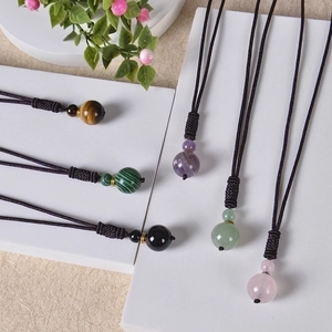 Handmade woven necklace set with natural tiger eye malachite and crystal ball pendants