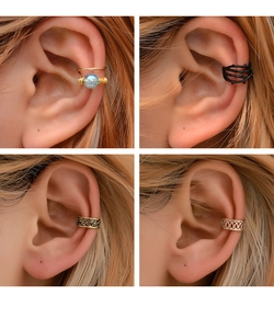 Detail view of four unique ear cuff styles including vintage floral and leaf wrap designs