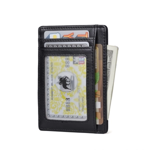 Macro view of RFID black leather wallet with multiple card slots and clear ID window