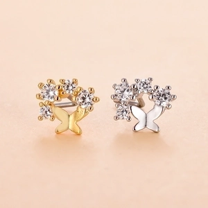 Surgical stainless steel L-shaped nose stud featuring cubic zirconia butterfly design
