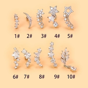 Cartilage Stud Earrings Stainless Steel Copper Cubic Zirconia Star Moon Leaf Geometric Piercing Jewelry For Women Men