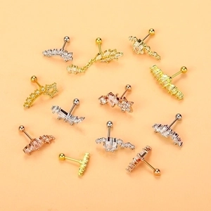 Set of 11 stainless steel cartilage earrings with stars and cubic zirconia stones