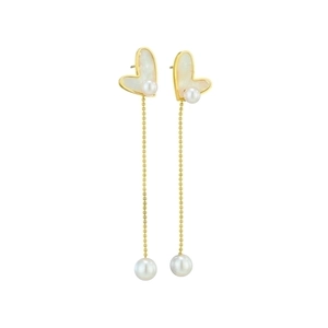 Elegant gold heart earrings with shell inlay, long chain tassels and white pearls