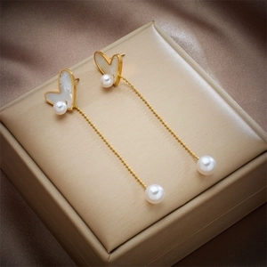 Heart Shell Artificial Pearl Long Tassel Drop Earrings Gold Plated Stainless Steel Asymmetric Elegant Dangle Jewelry For Women