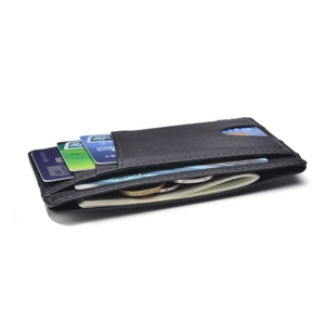 Slim black RFID genuine leather card holder featuring multiple slots and a money pocket