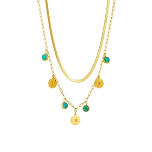 Double-layer gold snake chain necklace with turquoise beads and flower pendants