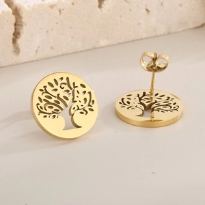 Detailed macro view of gold-plated stainless steel hollow Tree of Life stud earrings