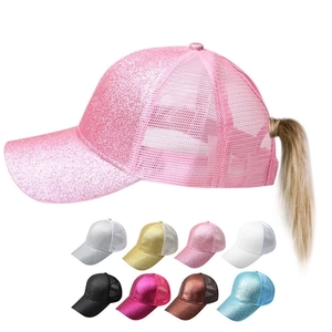 Women Sequin Ponytail Mesh Baseball Cap Breathable Sun Protection Adjustable Trucker Hat Outdoor Fashion Shiny