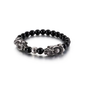 Black Agate Beaded Bracelet With Stainless Steel PiXiu Charms Lucky Wealth Amulet For Men Street Jewelry