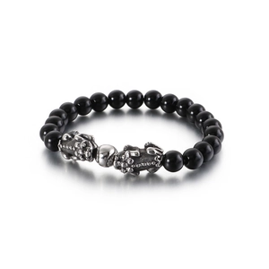 Handmade beaded bracelet featuring black obsidian beads and silver PiXiu charms for men