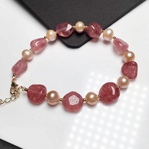 Natural Pigeon Blood Red Strawberry Quartz Freshwater Pearl Bracelet For Women 14K Gold Plated Hand Beaded Jewelry Gift