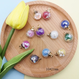 DIY 16x21mm colorful glass ball pendants with mini shells and gold loops on wooden tray