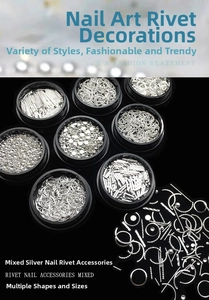 Detail of silver nail art studs kit with circles and bars in eight black storage jars