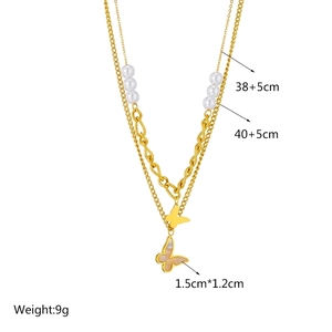 Double-layered gold chain necklace with butterfly pendant and pearl beads dimensions shown