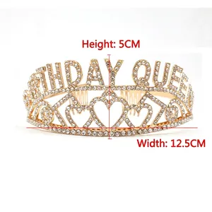 Tiara Birthday Queen dorata con strass bianchi e motivi a cuore, altezza 5 cm