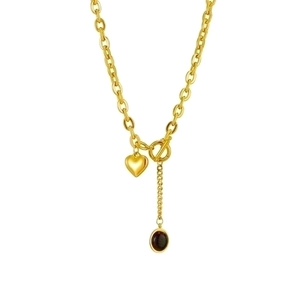 Golden titanium steel chain necklace with heart pendant and brown gemstone OT buckle