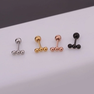 Three-bead cartilage earrings in silver, gold, rose gold and black stainless steel