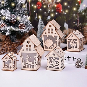 Five-piece wooden Christmas glow house ornaments set with laser-cut holiday motifs