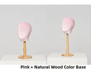 Pink velvet mannequin head display with solid wood base for hats and scarves