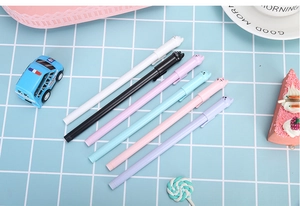 Detailed view of creative cat-shaped gel pens in six Morandi colors on grid background