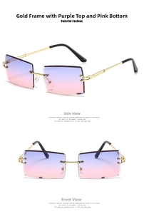 Detail of square rimless sunglasses with gold metal frame and purple-pink gradient lenses