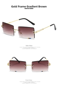 Detail view of gold frame square rimless sunglasses with brown gradient diamond cut lenses