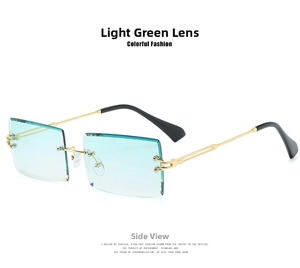 Detailed side view of rimless rectangular sunglasses with light green diamond cut lenses