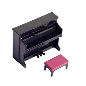 Miniature black upright dollhouse piano and pink stool set for dollhouse photography