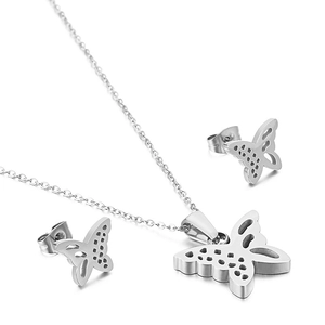 Minimalist silver butterfly necklace and stud earrings set in polished stainless steel