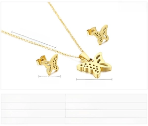 Detailed size specifications for gold butterfly pendant necklace and earrings set