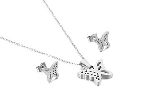 Detailed view of silver stainless steel jewelry set with hollow butterfly pendant and studs
