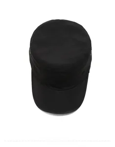 Top view of black military flat top hat featuring breathable metal eyelets on side