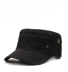 Detail of black cadet hat featuring breathable metal eyelets and side shield badge logo